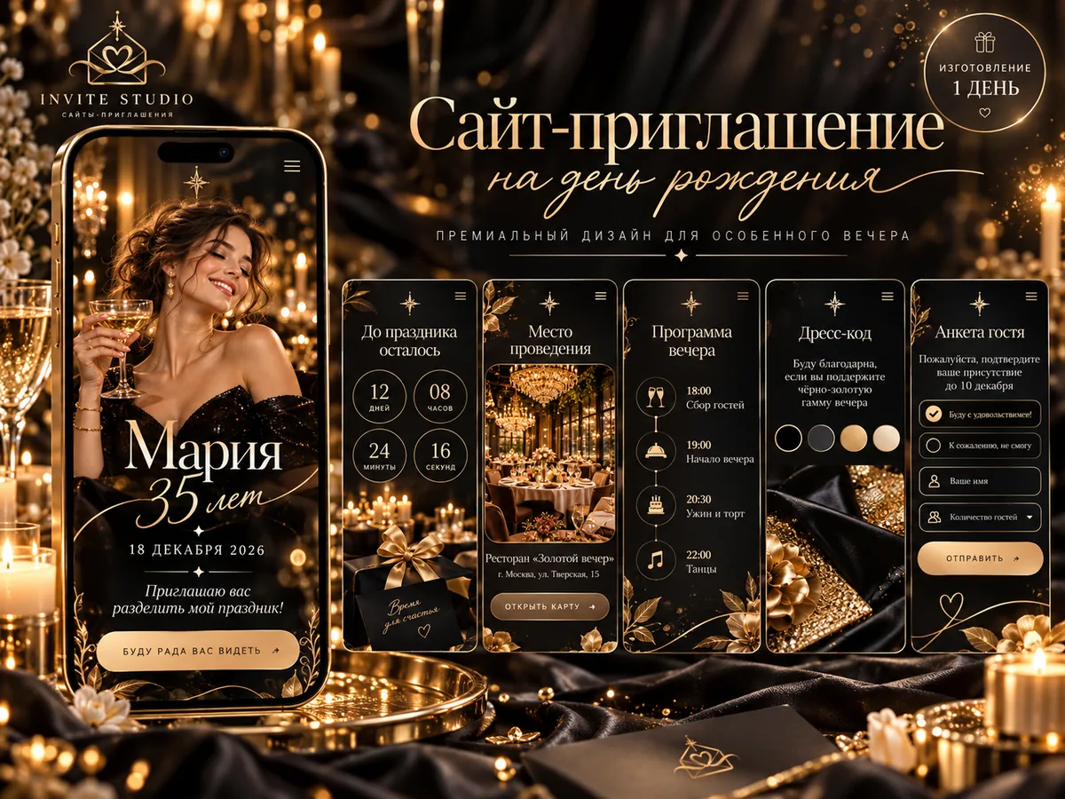 Чёрное золото — премиальный сайт-приглашение на день рождения в чёрно-золотом стиле